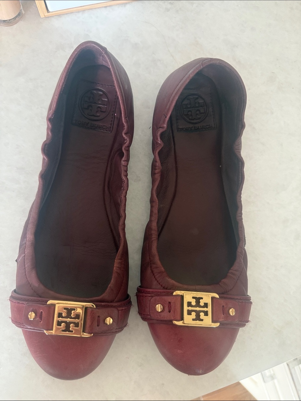 Tory Burch Burgundy Leather Ballet Flats with Gold Logo Plaque
